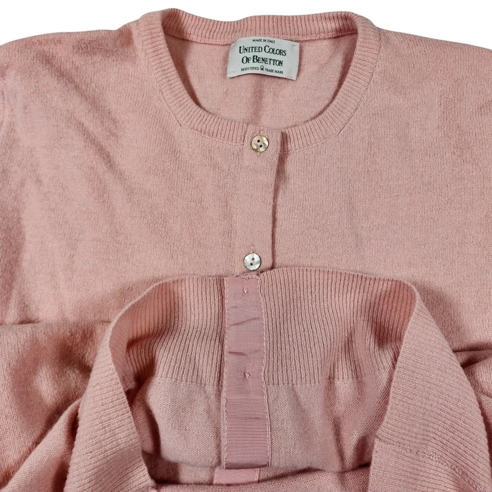 Vintage Benetton Pink Cardigan Made in Italy Extra Fine Merino‎ Wool Size L/XL